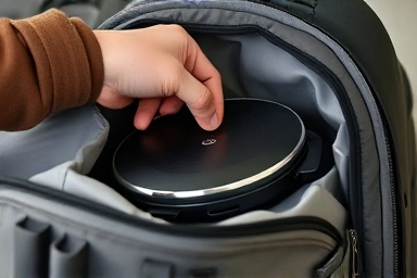 Hand packing a slim portable induction cooker into a backpack.